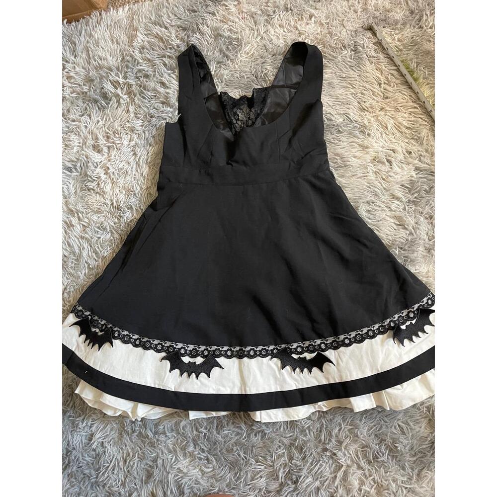 Womens Dress Medium Black White Goth Core Halloween Bat Applique Lolita Cosplay - Picture 3 of 9